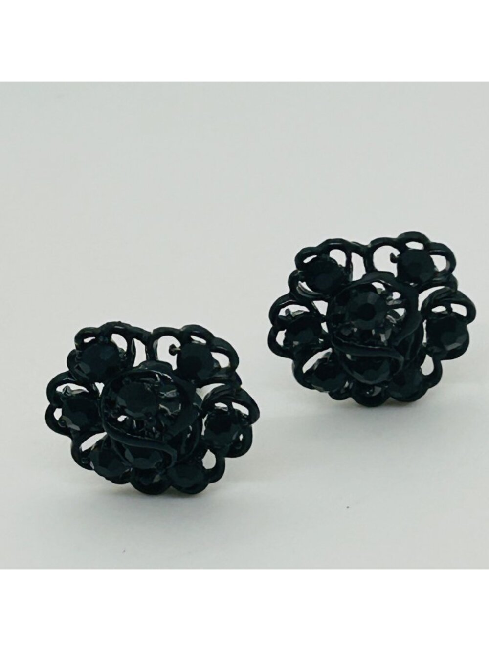 Black Rhinestone Earrings Flower Clip-On Retro Crystal Filigree Floral Vintage